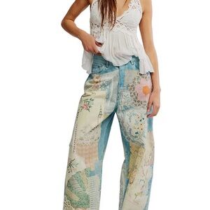 NWT Free People Illusions Patchwork Printed Low Rise Barrel Leg Jeans Size 28